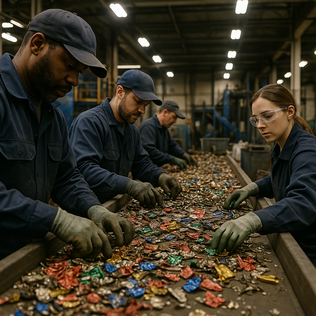Workers manually sorting different colored metal scraps by hand on a conveyor belt in a recycling facility under bright industrial lighting.