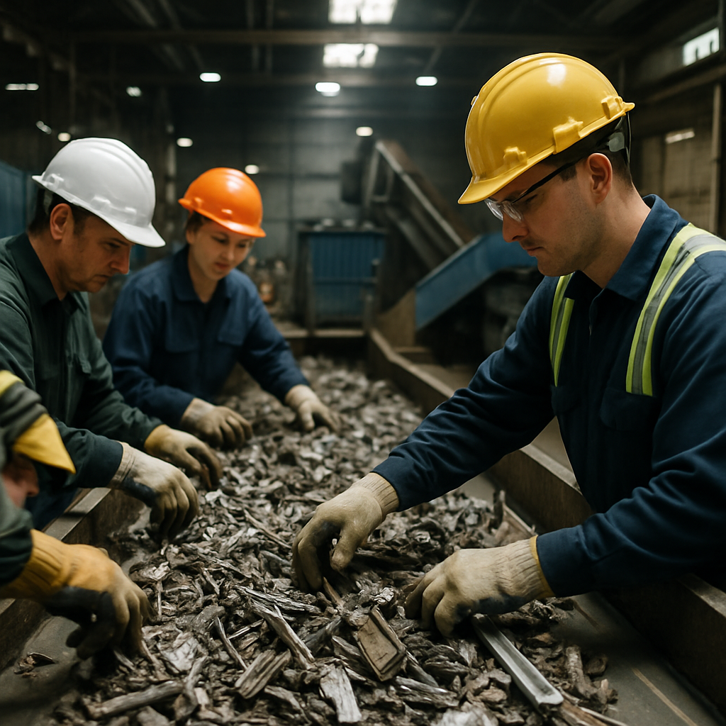 Sorting Metal Scraps in Recycling Facility Workers sorting a pile of mixed metal scraps on a conveyor belt in a recycling facility, wearing safety gear.