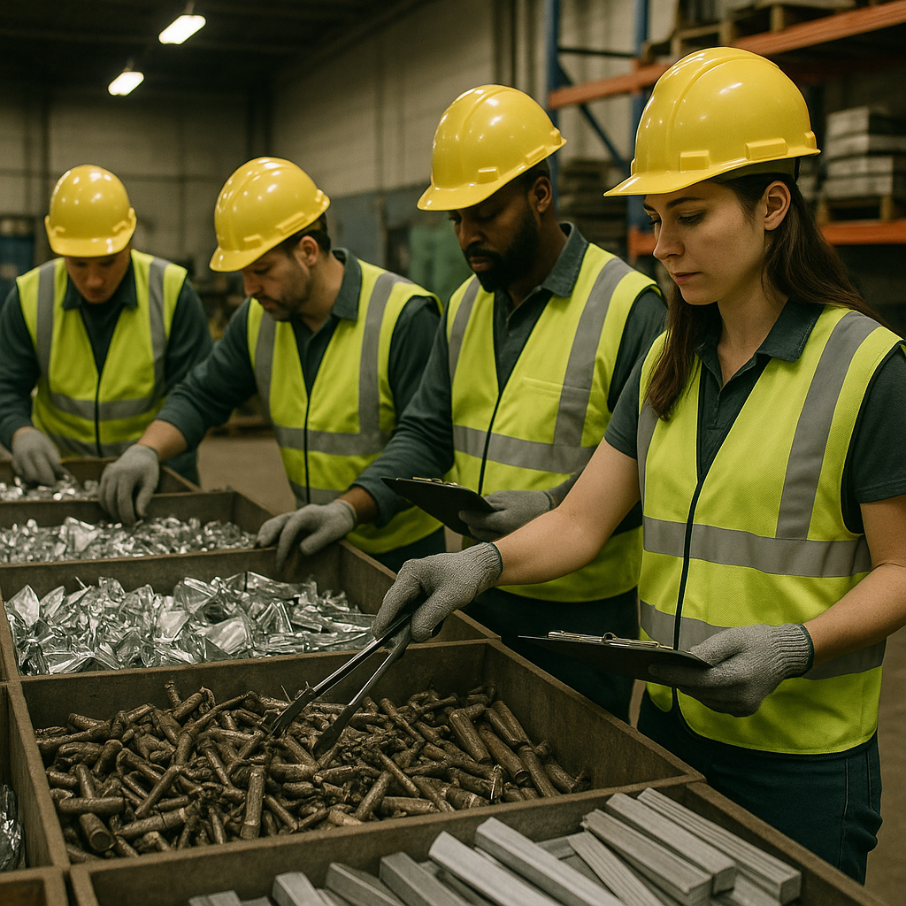 Sorting Metal Scraps in Industrial Warehouse Workers wearing safety vests sorting and inspecting piles of metal scraps in an industrial warehouse.