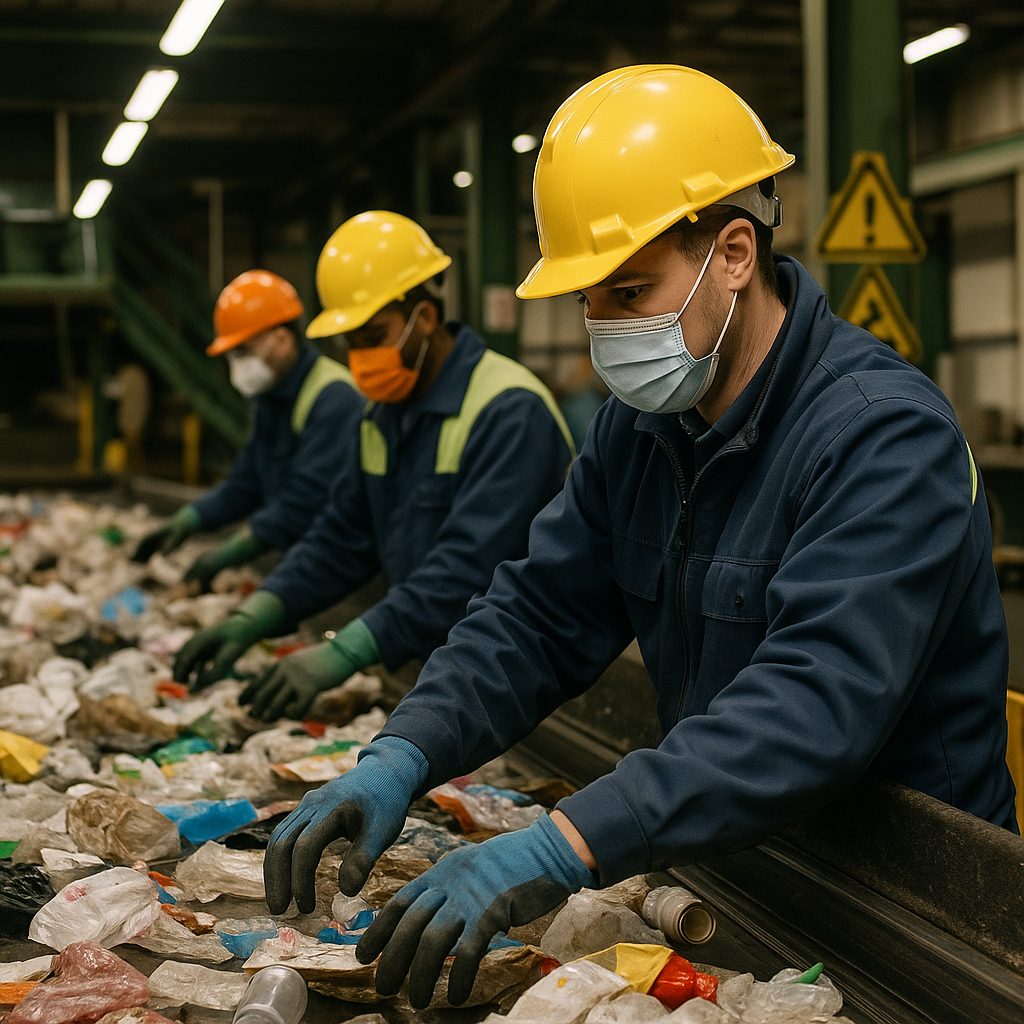 Recycling Workers and Safety Measures Workers carefully sorting recyclables on a conveyor belt, wearing protective equipment with visible warning signs.