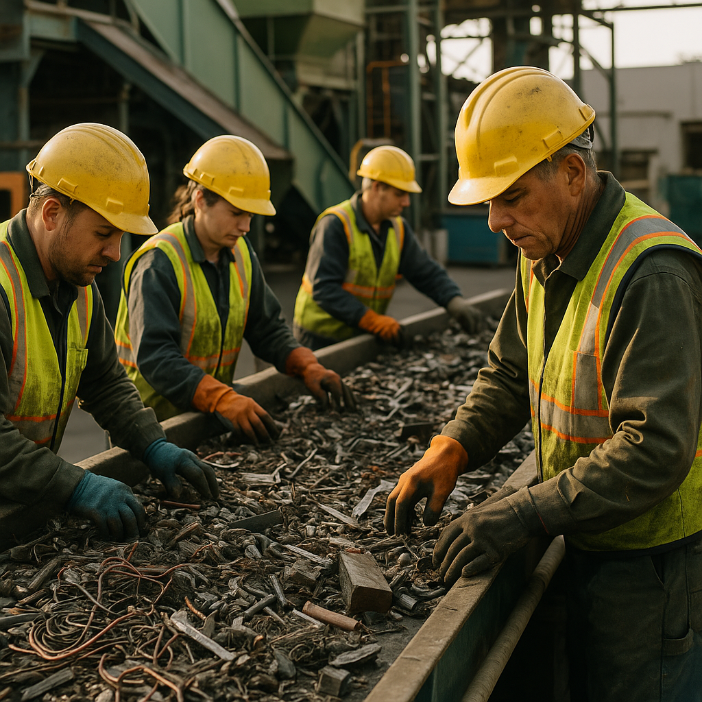 Workers Sorting Mixed Scrap Metal Workers wearing safety gear sorting mixed scrap metal at a recycling facility, with conveyor belts and machinery visible in a realistic industrial setting.