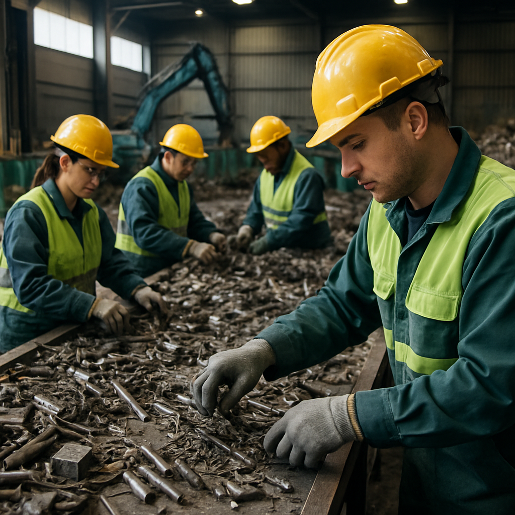 Recycling Facility Workers Sorting Metal Workers in safety gear sorting mixed scrap metal in a recycling facility
