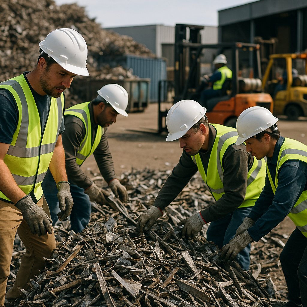 Workers Sorting Scrap Metal in Recycling Facility Workers in high-visibility vests sorting scrap metal at a recycling facility under bright daylight, with forklifts transporting metal to large containers in an industrial setting.