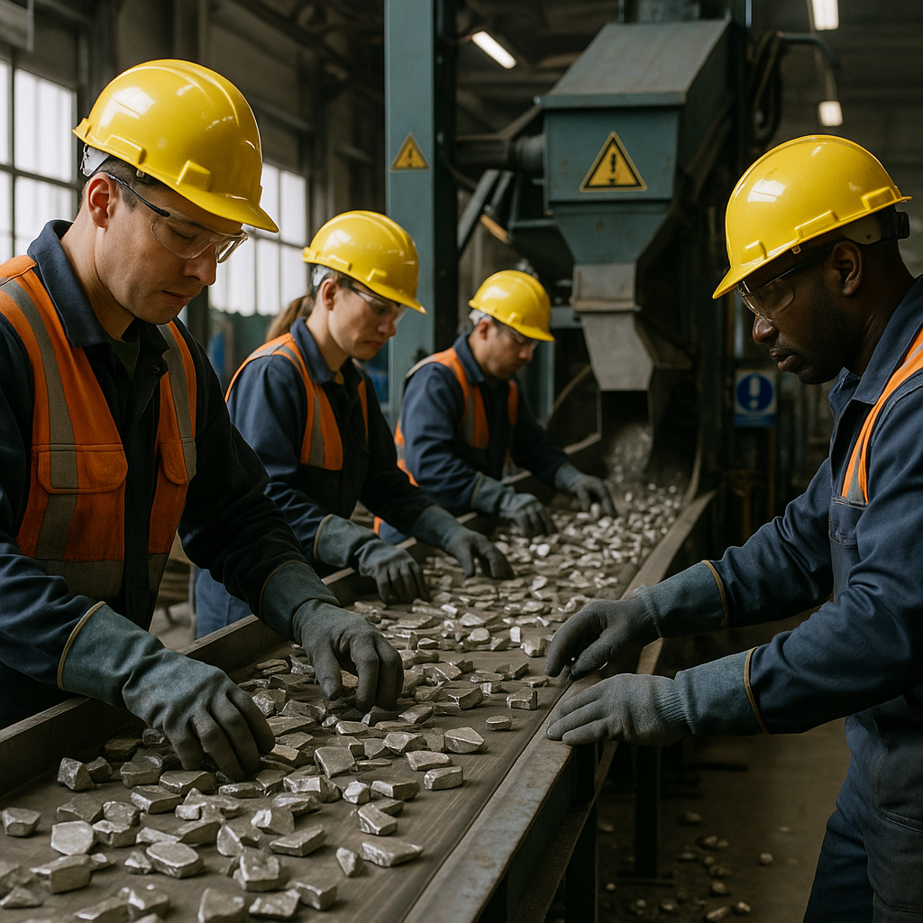 Sorting Scrap Metal at Recycling Facility Workers in safety gear sorting scrap metal at a recycling facility, with a focus on conveyor belts and machinery handling nickel pieces.
