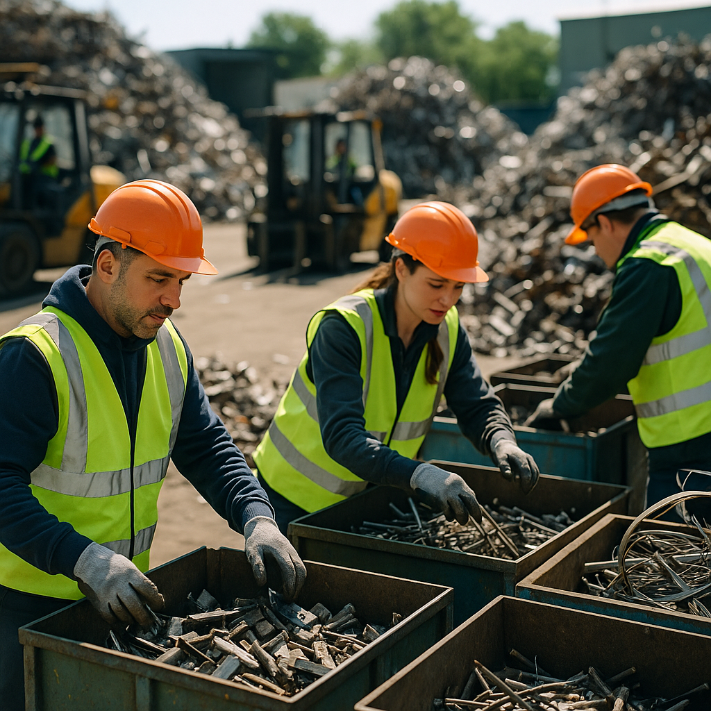Sorting Scrap Metal at Recycling Yard Workers in high-visibility vests sorting piles of scrap metal into separate bins at a recycling yard under bright daylight.