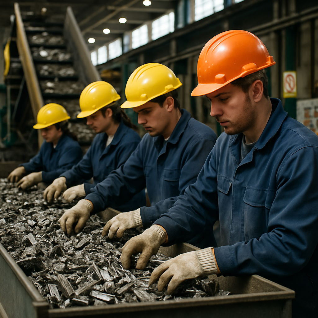 Sorting Scrap Metal in Recycling Facility Workers sorting scrap metal in a recycling facility with conveyor belts and machinery