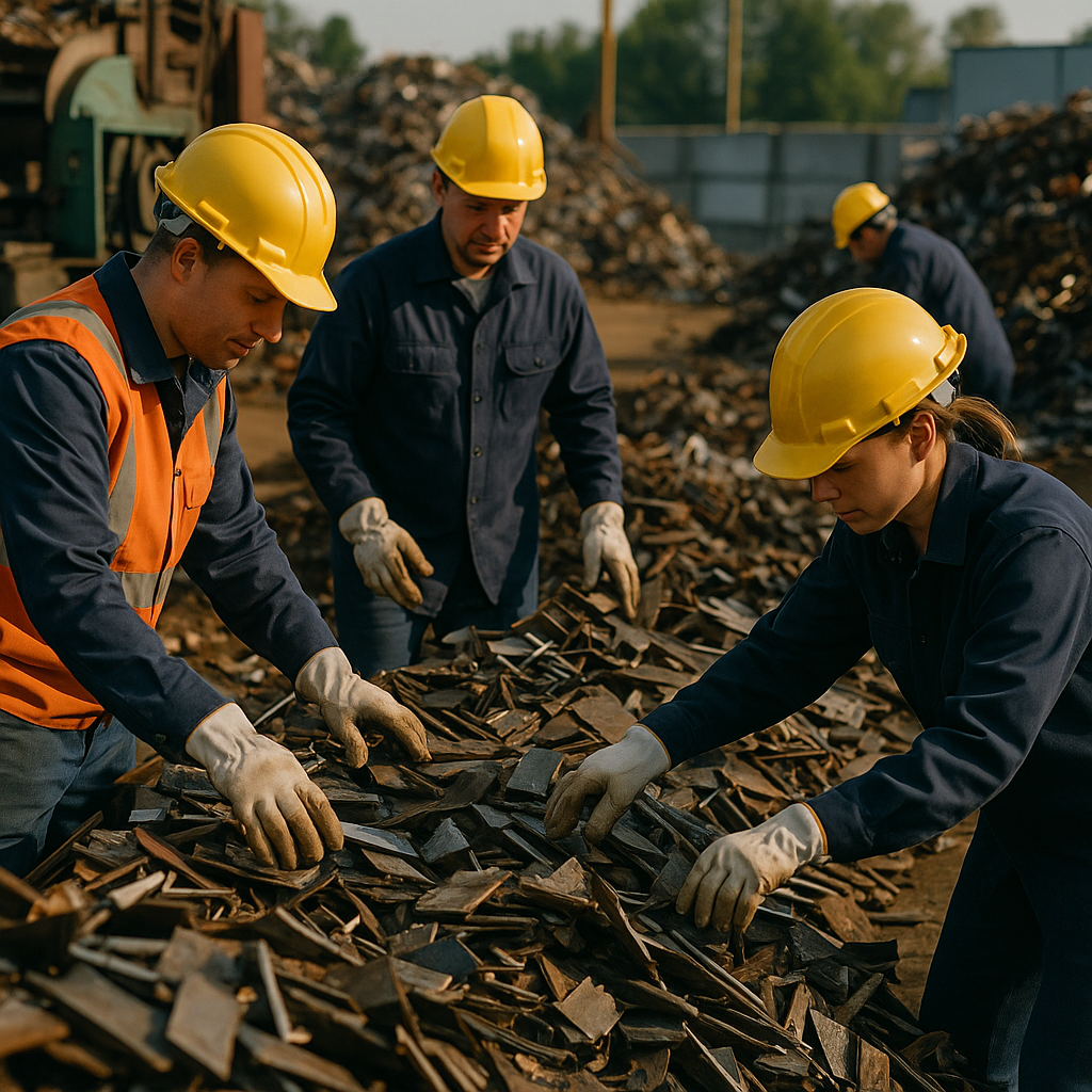 Workers in safety gear sorting scrap metal at an industrial site.