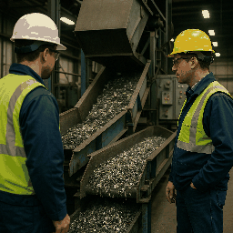 Workers overseeing machinery sorting shredded metal and debris in Dallas, TX
