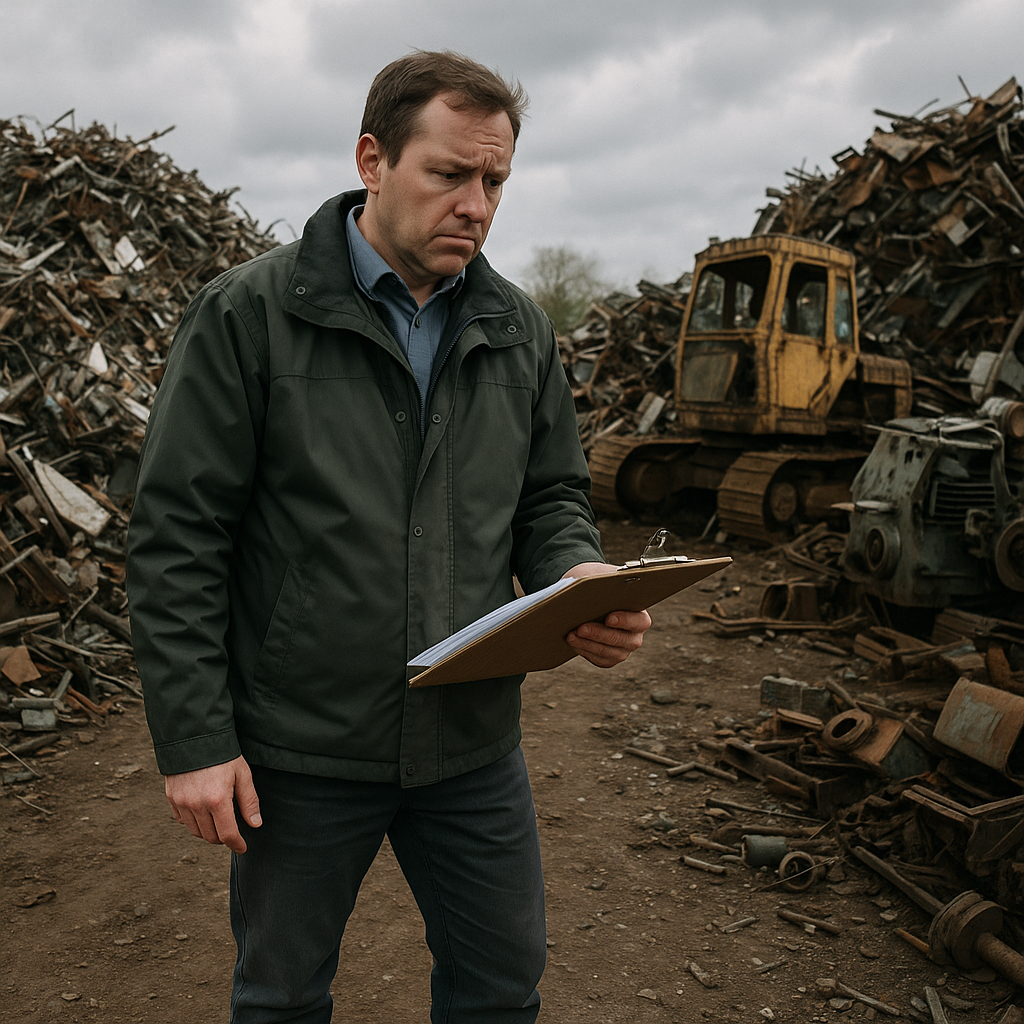 Manager Overseeing Cluttered Scrap Yard Worried manager with clipboard overseeing a cluttered scrap yard filled with mixed heaps of metal and malfunctioning machinery in the background under a cloudy sky.