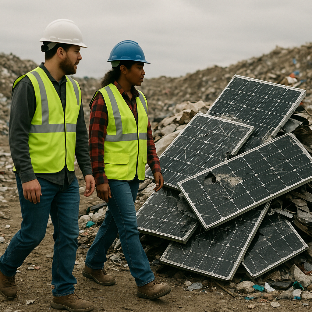 Abandoned broken solar panels piled in a landfill with trash and workers in safety vests walking nearby under an overcast sky.