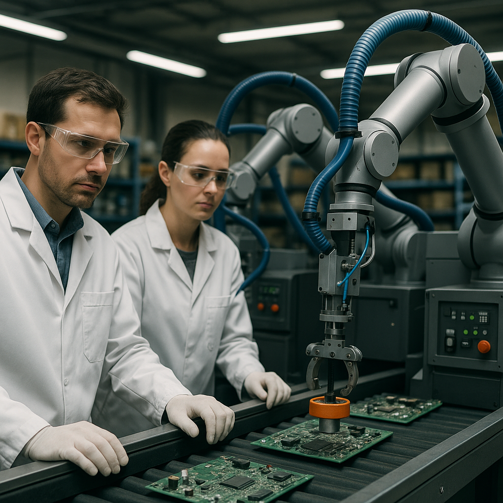 Engineers Operating Advanced Recycling Machines Engineers operating advanced recycling machines with robotic arms extracting magnets from circuit boards in a high-tech facility.