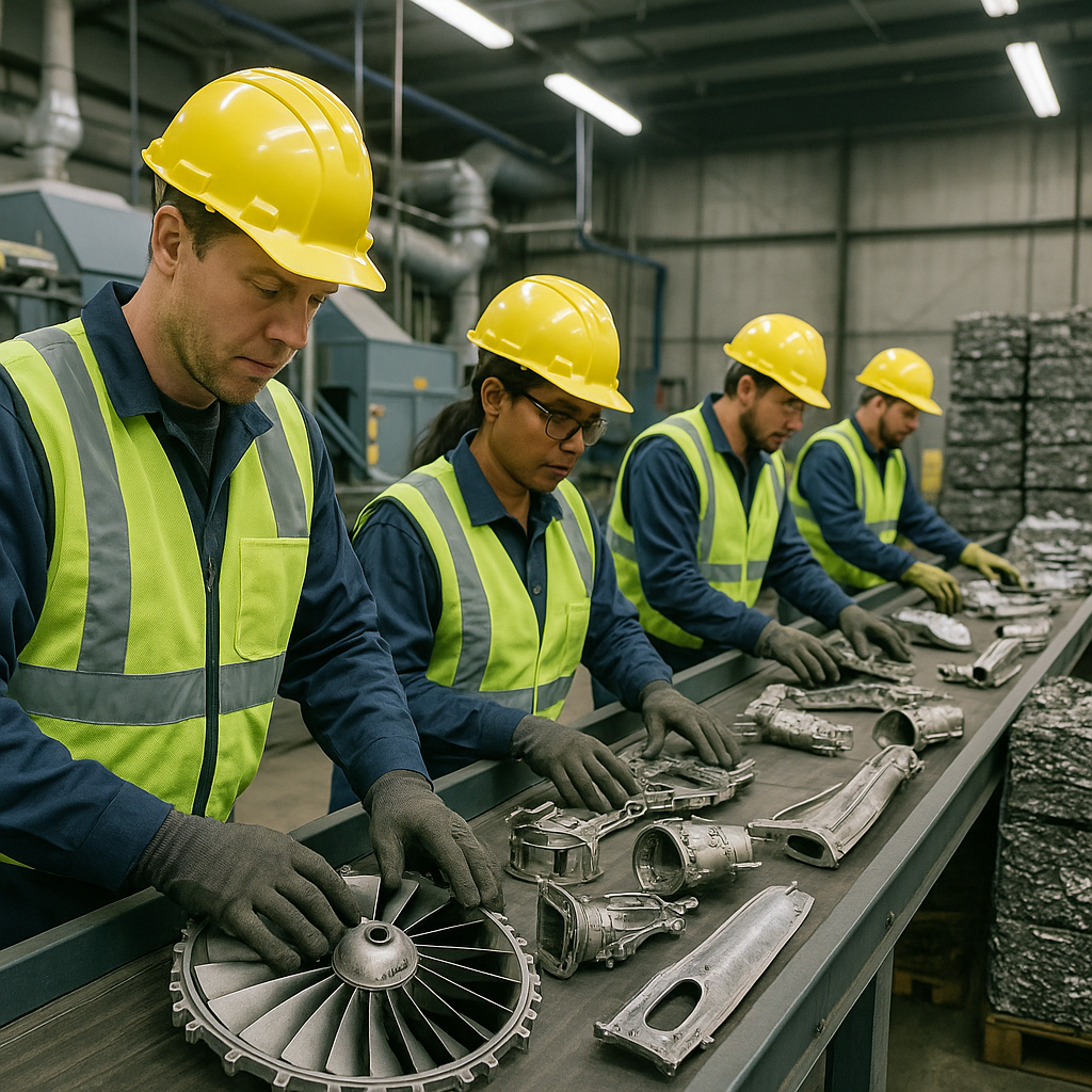 Workers in safety gear inspecting and processing aerospace metal parts on conveyor belts inside a modern recycling plant