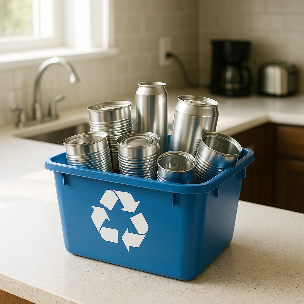 Aluminum cans and containers in a blue recycling bin on a clean kitchen counter.