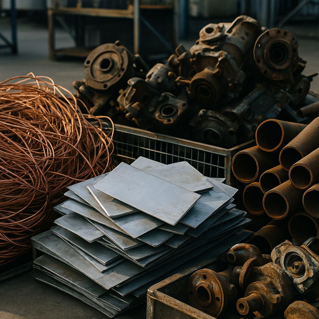 Close-up of assorted scrap metals including copper wires, aluminum sheets, steel pipes, and old machinery parts organized into separate piles at an industrial recycling facility during daylight.