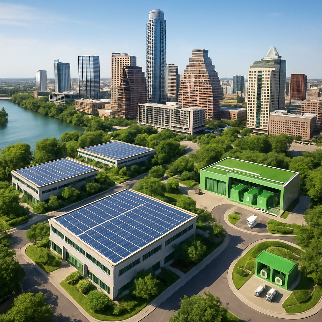 Aerial View of Austin Skyline with Green Technology Aerial view of the Austin skyline showcasing green technology centers, solar panels, and clean recycling facilities integrated into the cityscape.