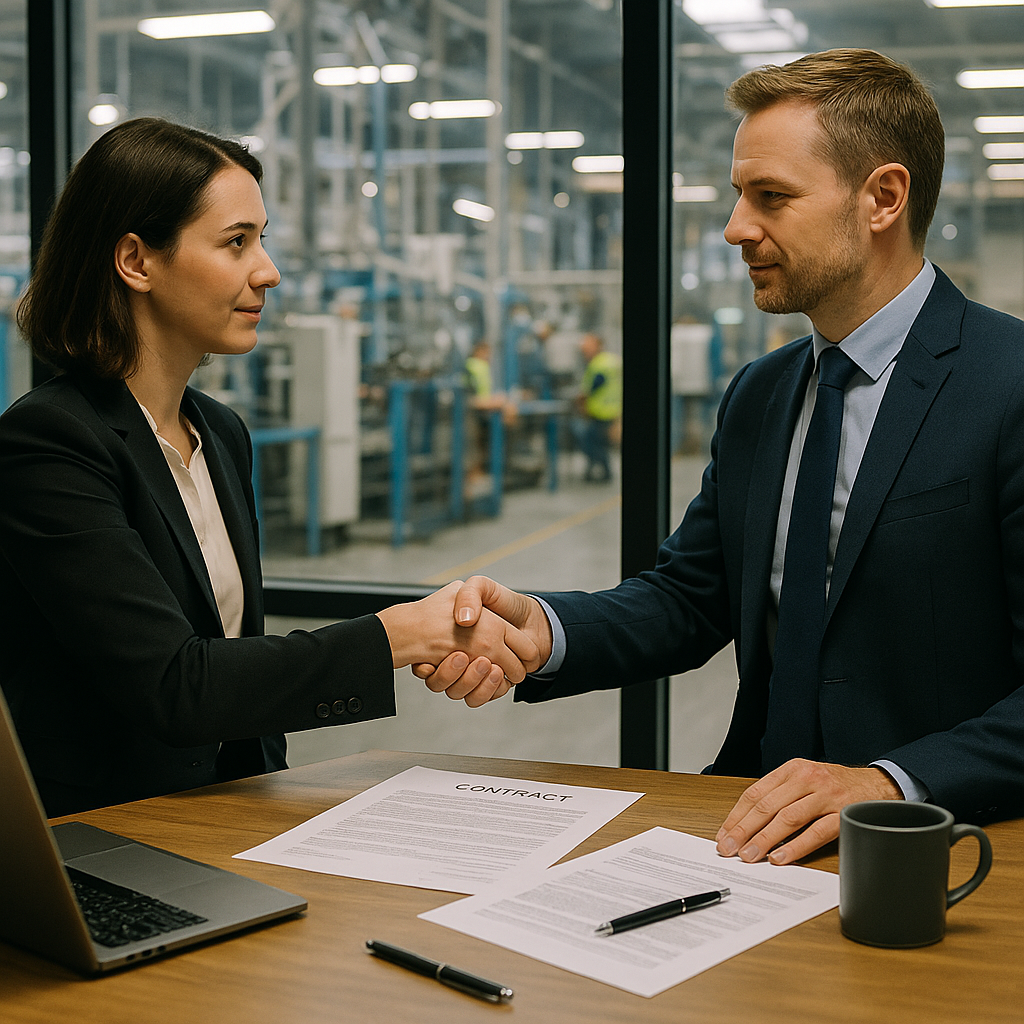 Business Handshake Over Contract Two businesspeople shaking hands over detailed contract papers at a desk, with a manufacturing plant visible through a glass wall.