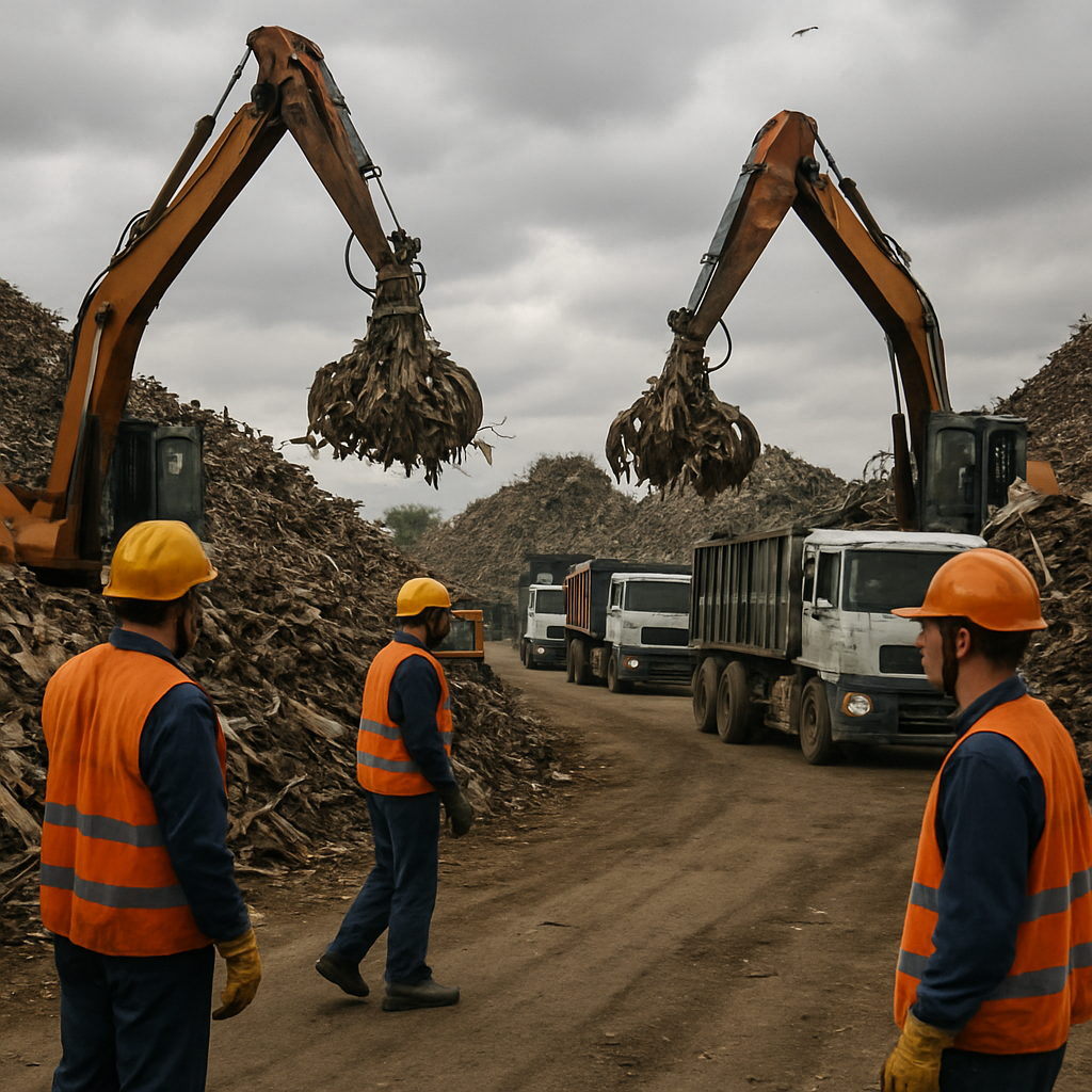 A busy industrial metal recycling facility with scrap metal piles, workers operating cranes, and trucks awaiting their turn under an overcast sky.