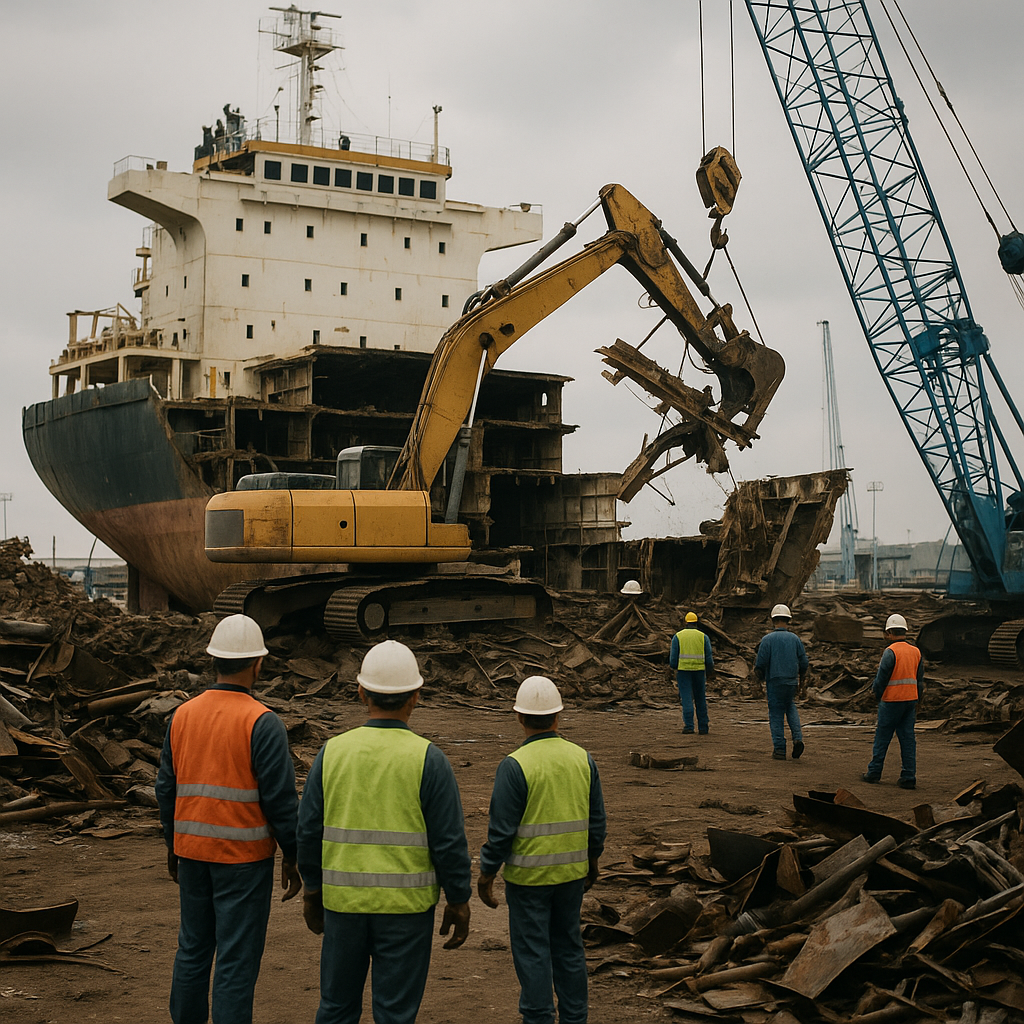 Large cargo ship being dismantled at an industrial shipyard with heavy machinery and cranes, and workers in hard hats under an overcast sky.