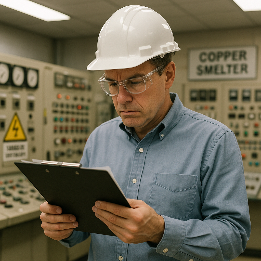 Concerned manager studying regulatory paperwork in a control room of a copper smelter, surrounded by a busy industrial background with warning signs.