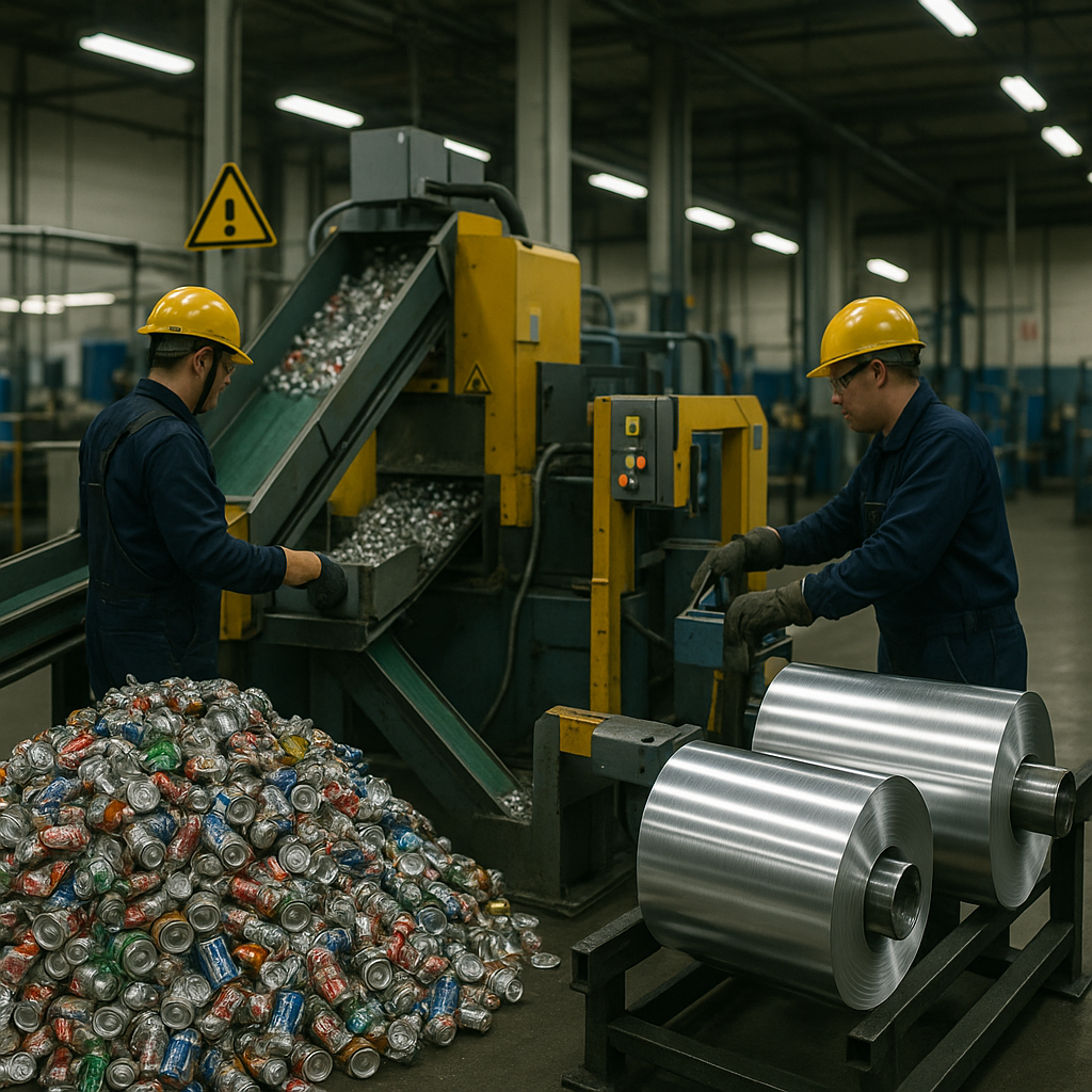 Pile of crushed aluminum cans transforming into shiny new aluminum rolls in clean factory setting.