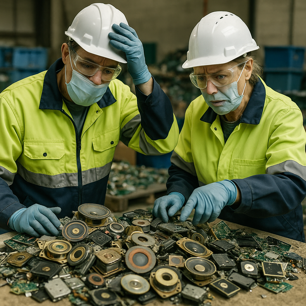 Recycling Facility - Discarded Electronics Workers examining piles of discarded electronics and magnets in a recycling facility, expressing concern over sorting and complexity.