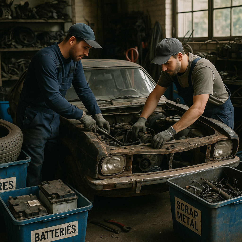 Dismantling an Old Car in a Recycling Workshop Mechanics dismantling an old car in a recycling workshop with labeled bins for sorted vehicle parts like tires, batteries, and scrap metal around them.