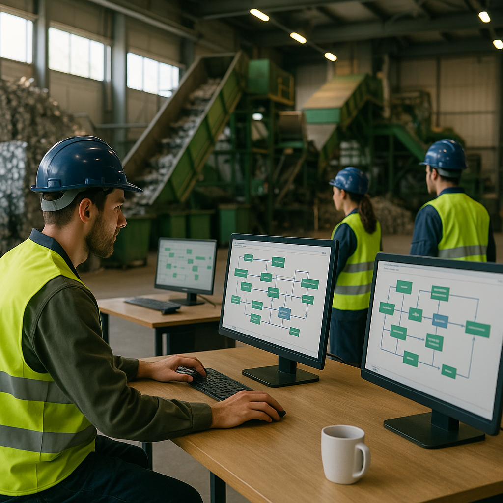 Efficient Metal Processing at an Eco-Friendly Recycling Plant Environmentally friendly recycling plant with efficient metal processing and workers monitoring digital screens.