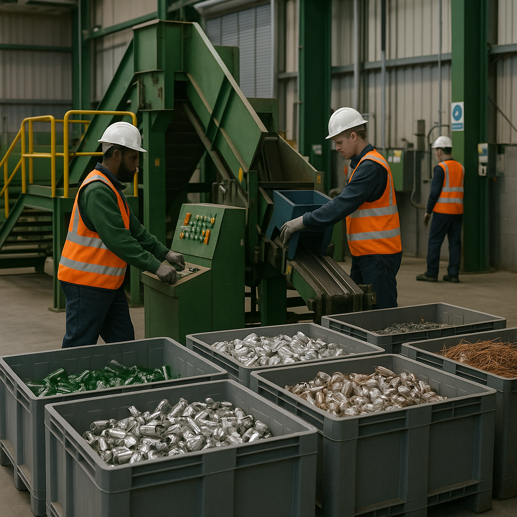 Efficient recycling plant scene showing cleanly separated scrap materials with workers safely operating machines in an orderly environment.