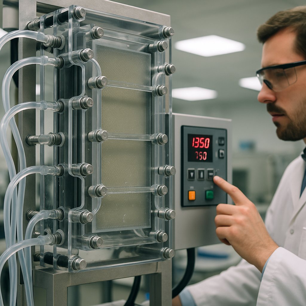 Close-up of an electrodialysis machine showing transparent flow channels and a technician adjusting the control panel, with ion exchange membranes and liquid compartments visible.