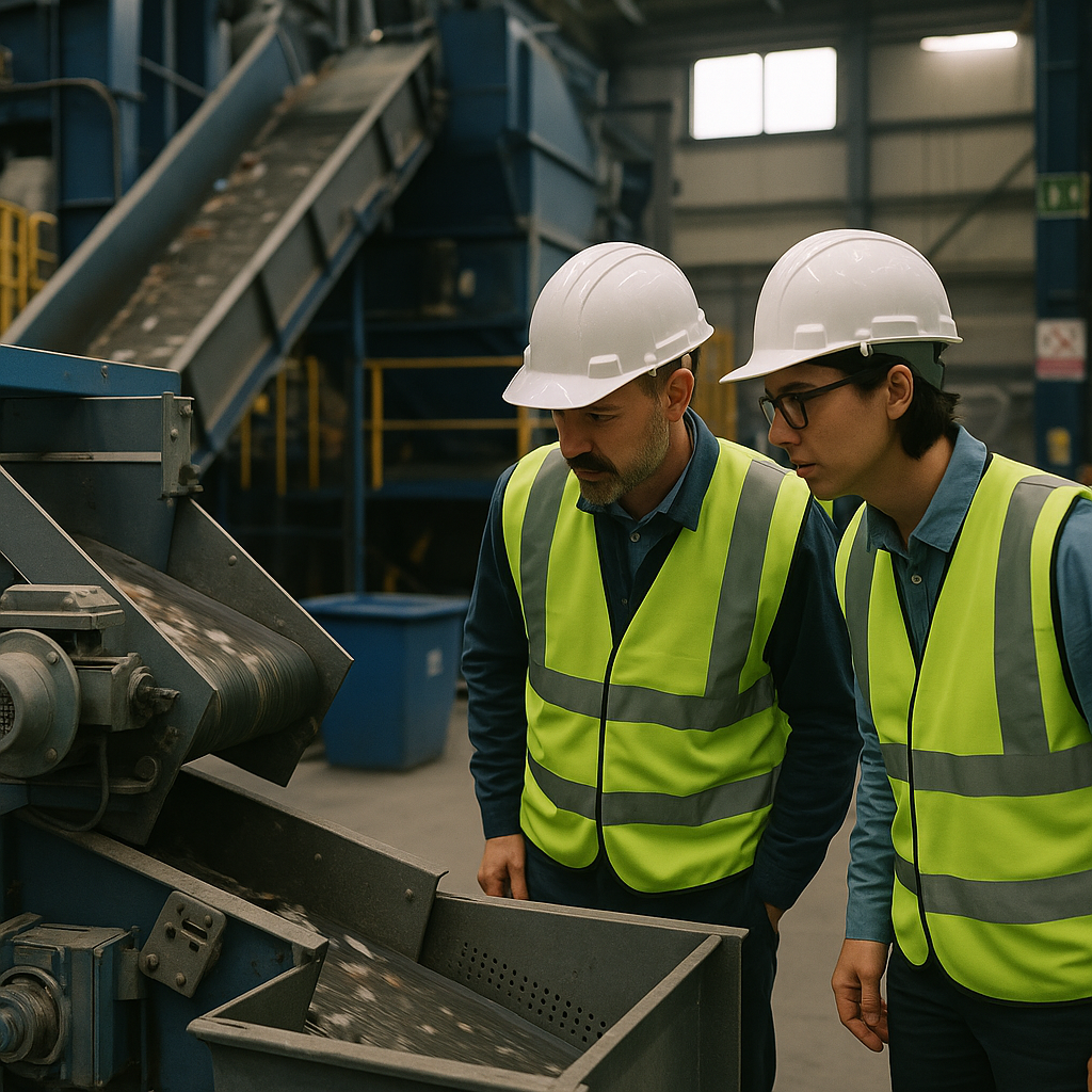 Inspection of Advanced Recycling Machines Engineers inspecting advanced industrial machines with conveyors and metal sorting devices in a modern recycling facility