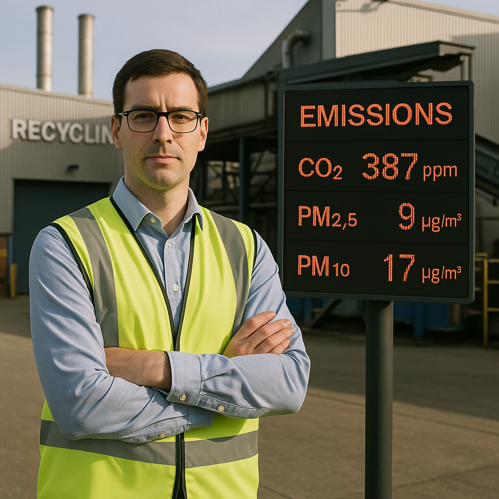 Environmental Analyst Reviewing Emission Data Environmental analyst reviewing emission data on a digital display outside a recycling plant, illuminated by sunlight.