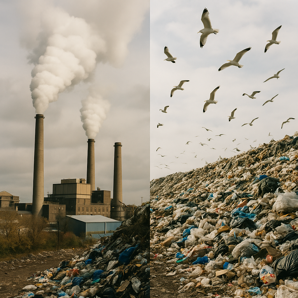 Split scene showing smokestacks releasing emissions on one side and a landfill with seagulls and garbage piles on the other, illustrating contrasting environmental effects.