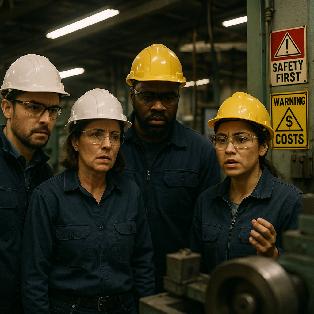 Concerns in the Factory: Production Halted Factory interior with industrial workers showing concern in front of halted machinery and warning signs.