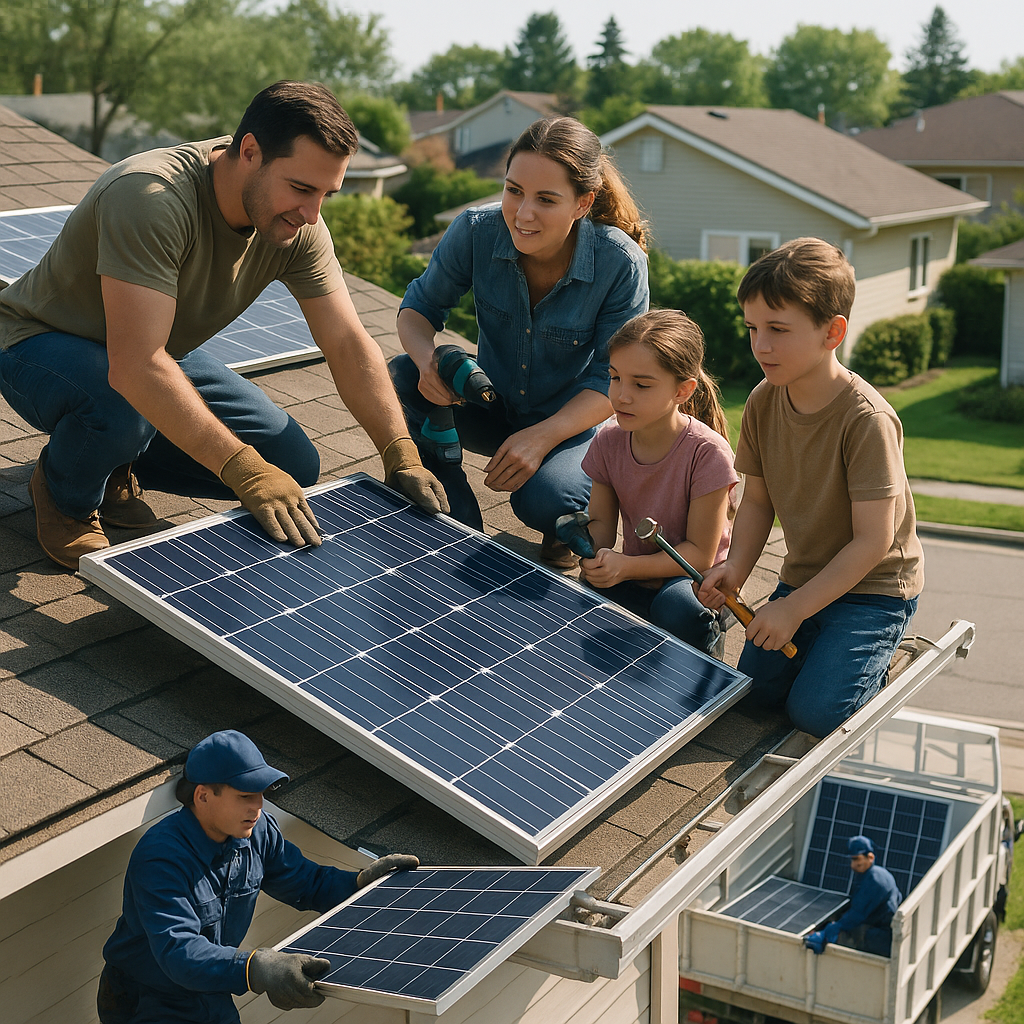 Family Installing Solar Panels on Suburban Home Family installing solar panels on a suburban home roof while a technician loads old panels onto a recycling truck on a sunny day.