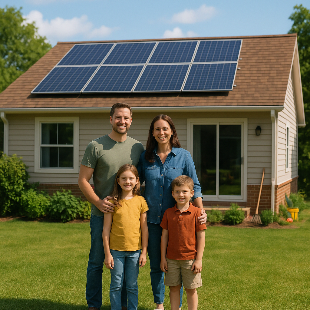 Family standing proudly beside solar panels being installed on their home under a blue sky.