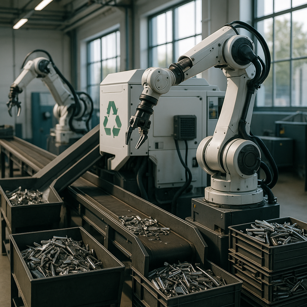 Futuristic Recycling Plant with AI Machinery Futuristic recycling plant with automated AI machinery processing metal scrap in a clean and organized environment with natural light.