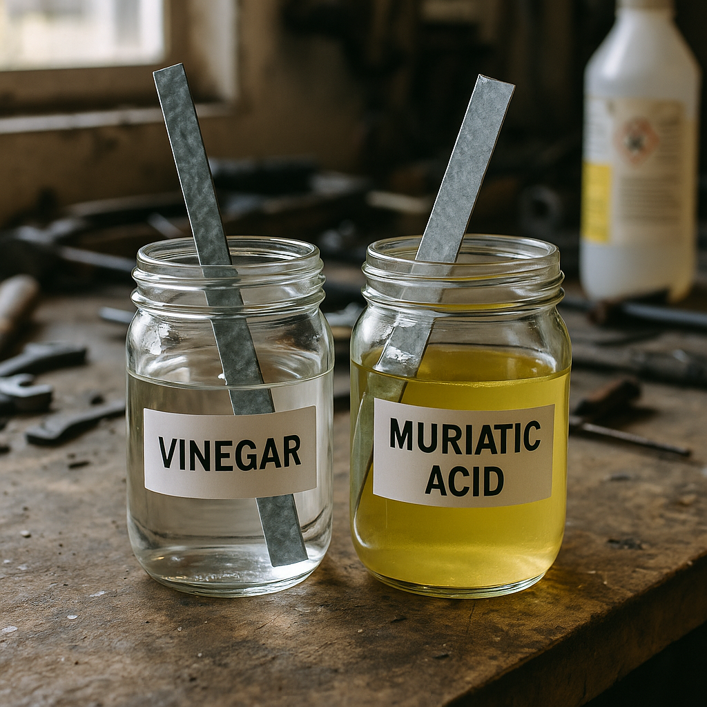 Two glass containers on a workbench, one with clear liquid vinegar and the other with yellowish muriatic acid, with zinc-covered metal pieces being dipped for comparison.