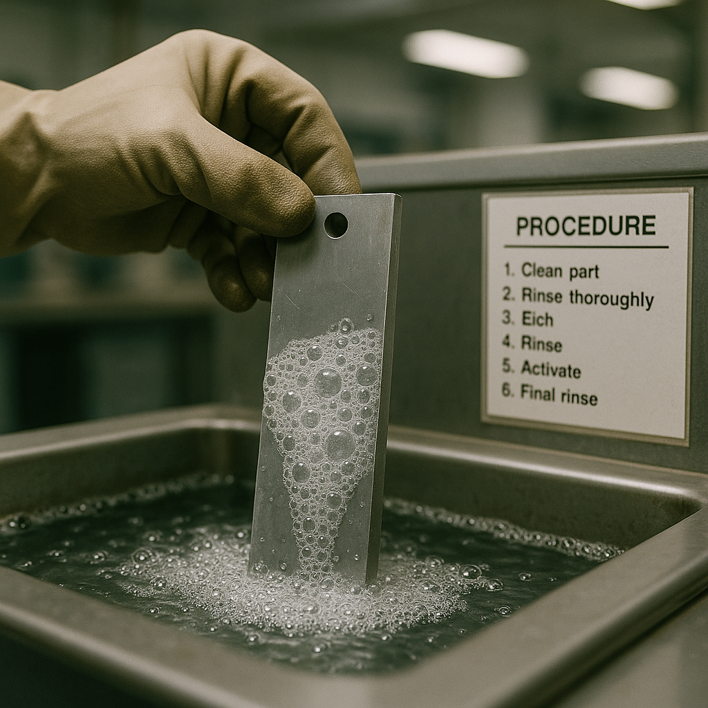 Close-up of gloved hands dipping a metal object into a chemical bath, with bubbles forming on the surface and clear labels for each procedural step.