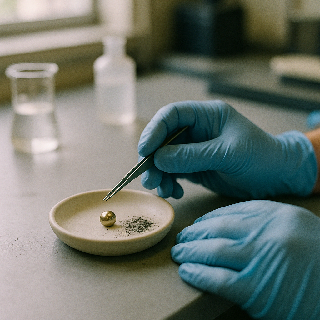 Examining Precious Metal Bead Gloved hands examining a small precious metal bead on a ceramic dish, with ash residue nearby on a lab table.