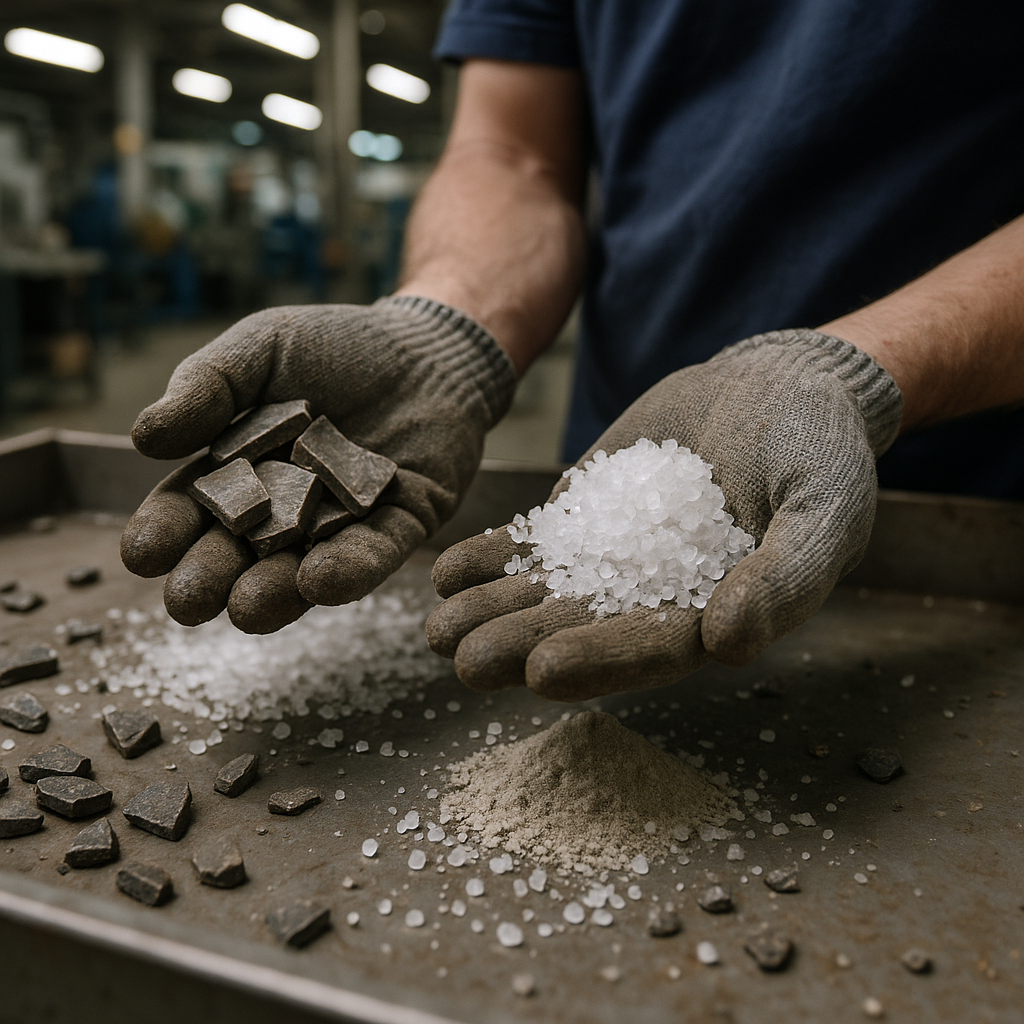 Gloved Hands Sorting Metal and Minerals Gloved hands holding separated metal pieces, white salt crystals, and fine minerals on a sorting table in a bright factory setting.