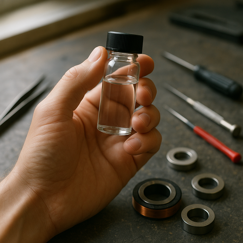 Close-up of a hand holding a glass vial of clear ionic liquid over dismantled magnets with lab tools nearby.