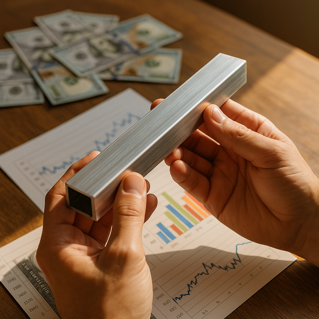 Close-up of hands holding a shining extruded aluminum bar over a table with currency and charts, suggesting value and analysis