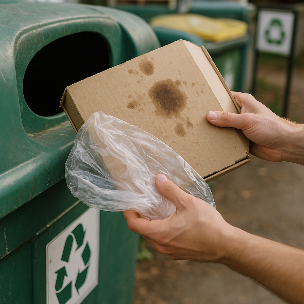 Close-up of hands removing a plastic bag and a dirty pizza box from a recycling bin, clearly showing incorrect items for recycling.