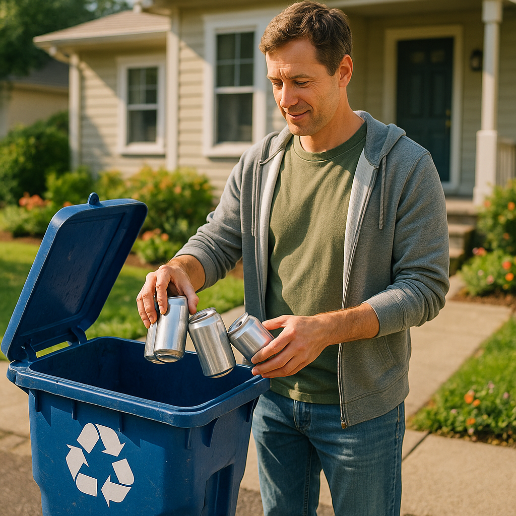 Homeowner Recycling Aluminum Cans Homeowner placing clean aluminum cans into a blue recycling bin outside a house on a sunny day.