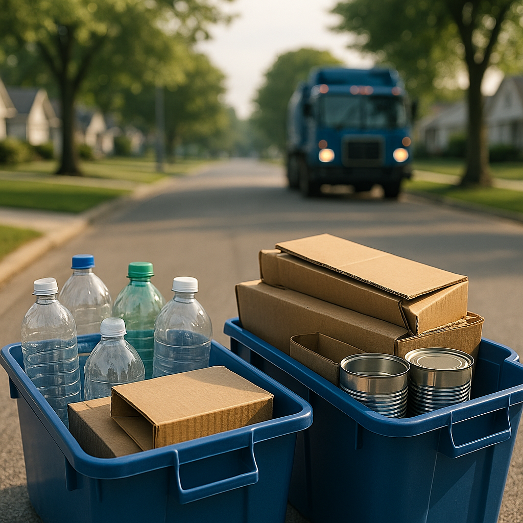 A variety of household recyclable items including plastic bottles, cardboard boxes, and tin cans neatly packed in blue recycling bins on a suburban curb, with a recycling truck approaching in the background.