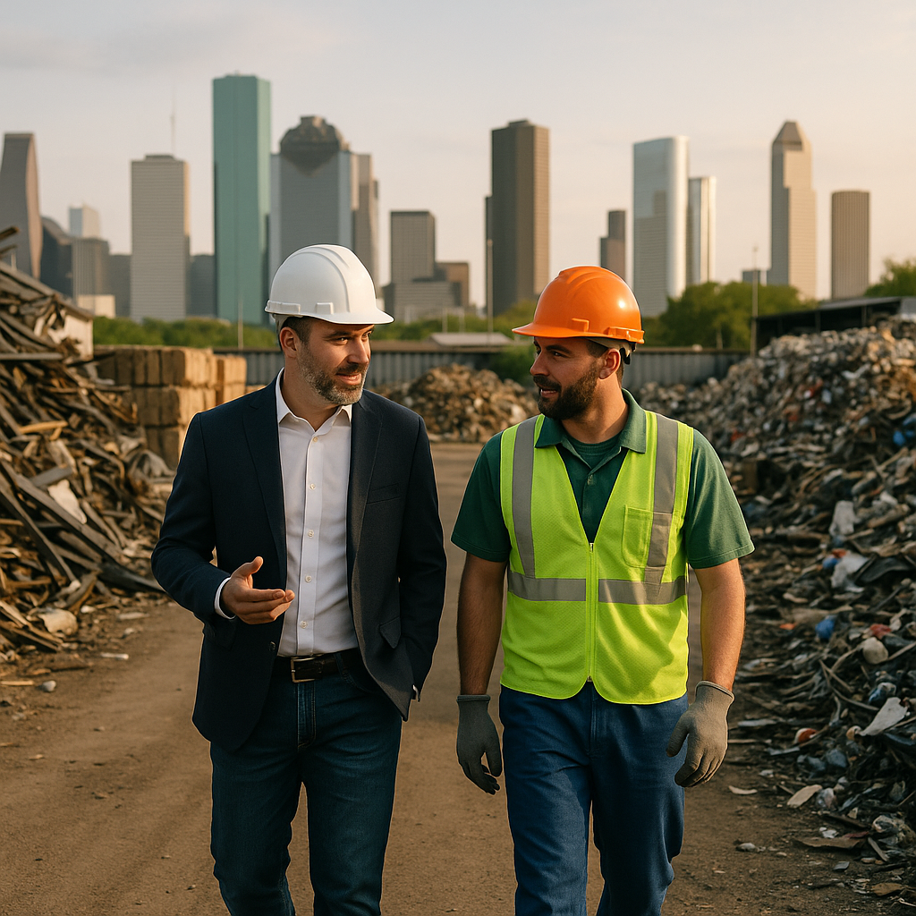 Industrial facility owner and recycler walking together through a large recycling yard with Houston city skyline in the background during late afternoon.