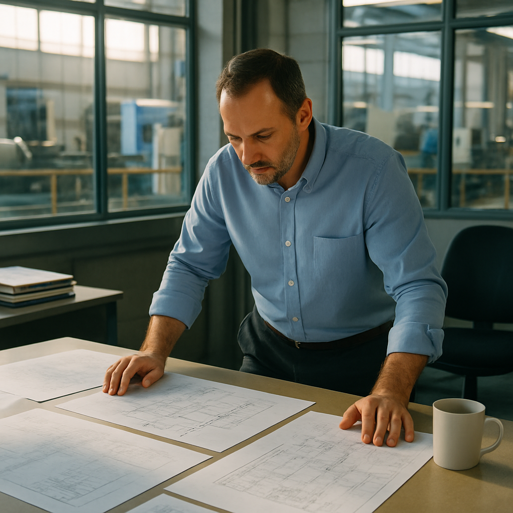Industrial Manager Reviewing Blueprints Industrial manager reviewing various blueprints and flowcharts of factories on a table, showcasing different manufacturing processes.