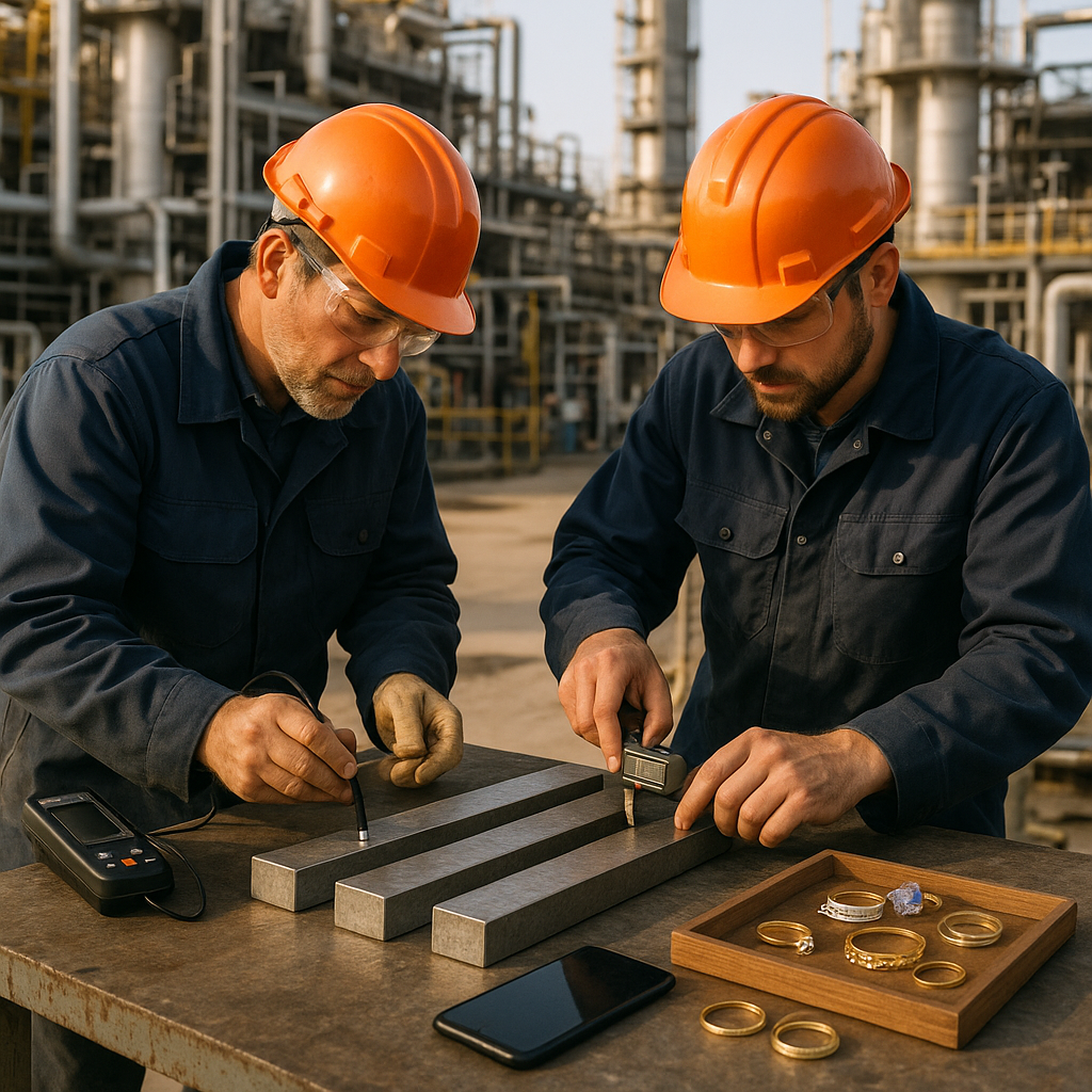 Workers Examining Metal Bars in Industrial Refinery Workers testing and examining metal bars in an industrial refinery setting with electronic devices and jewelry on side tables.