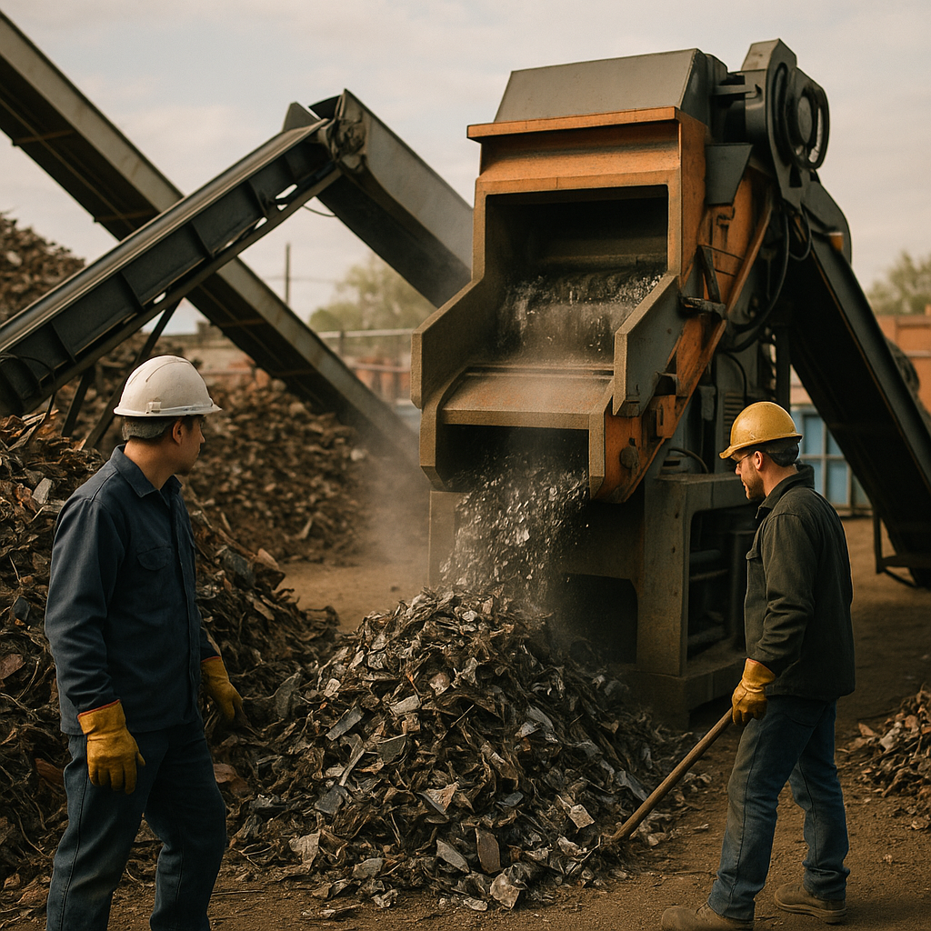 Industrial Scrap Metal Shredder in Scrapyard Large industrial scrap metal shredder in a scrapyard with conveyor belts and workers in safety gear