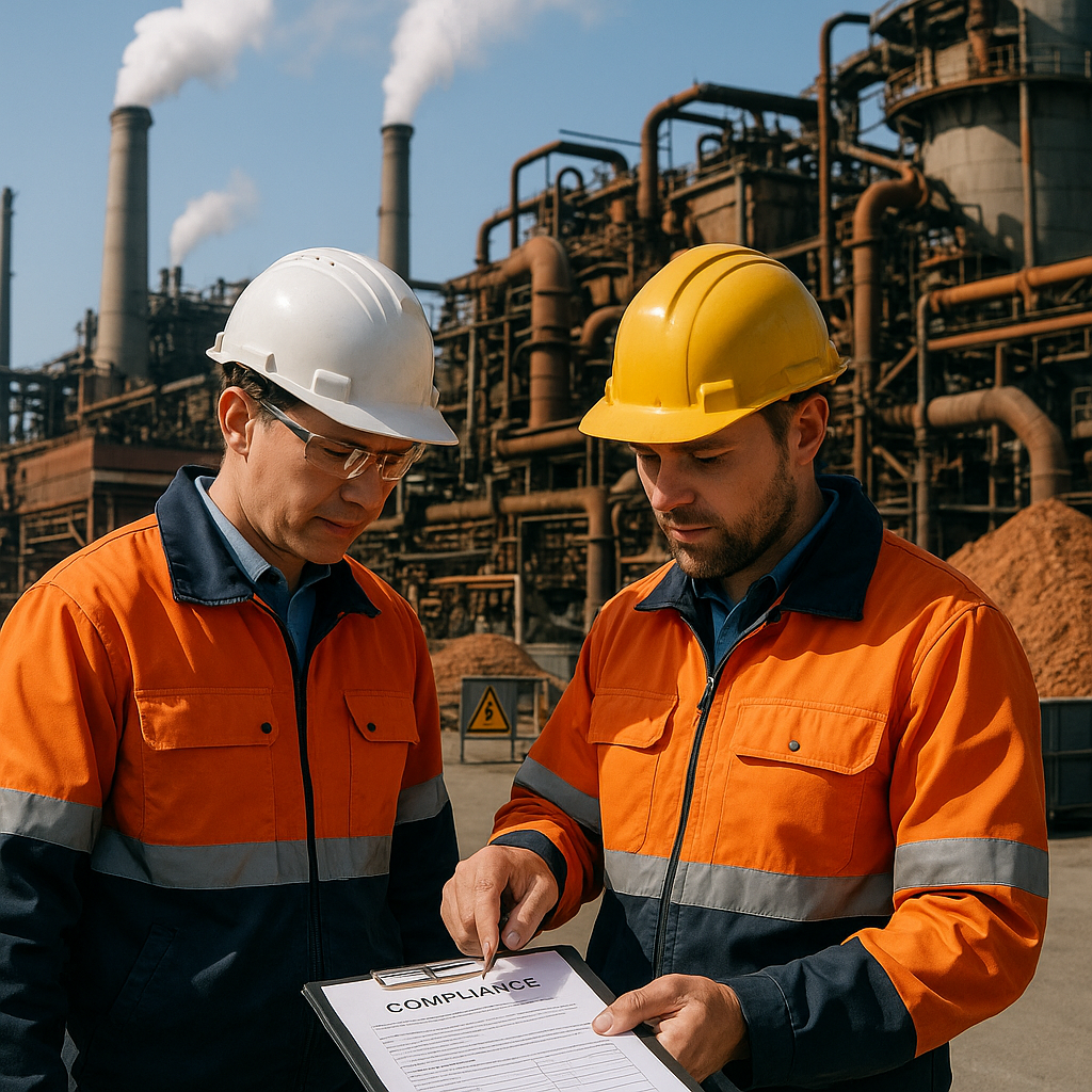 Industrial copper smelting facility with large chimneys and machinery, featuring workers in safety gear inspecting compliance documents under bright daylight.
